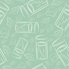 seamless pattern with small round street dustbin and bag and tea leaves in line art style on green background, to fight against environmental pollution day