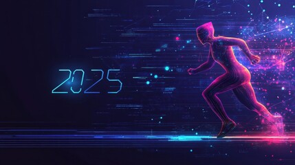 A futuristic runner in neon colors dashes towards the year 2025 goal, symbolizing speed and technological advancement