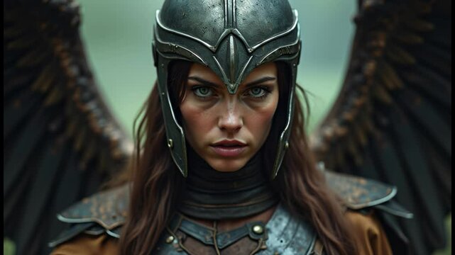 A female warrior with wings and a helmet stares intensely at the camera