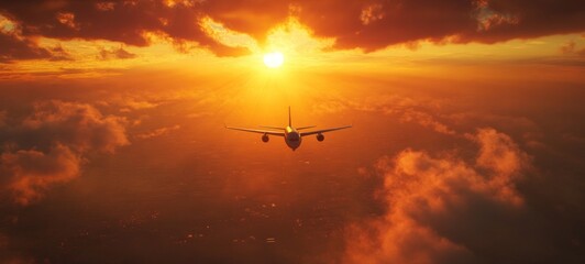 Naklejka premium Sunset Flight: Airplane Soaring Above Golden Clouds