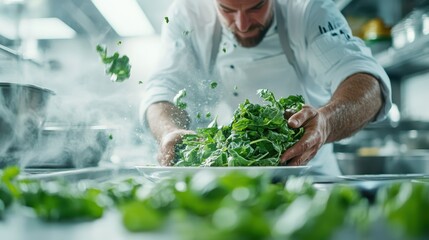 In a dynamic action shot, a chef energetically tosses fresh salad greens high into the air, embodying liveliness and fervor in a bustling kitchen environment.