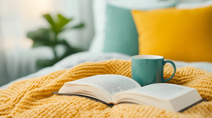 cozy reading nook with book and mug on yellow blanket