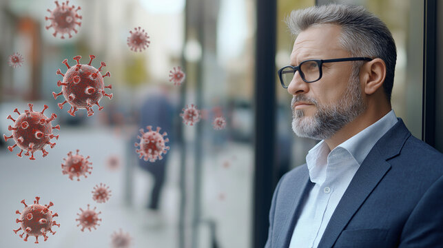 Concerned Businessman With Coronavirus Particles Pandemic Concept Cold and Flu Virus Season Highlighting Health and Illness Concepts - Powered by Adobe