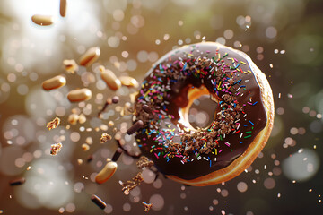 Donuts with Colorful Sprinkles and Sweet Glaze on a Wooden Background, Delicious Bakery Treats