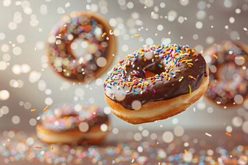 Donuts with Colorful Sprinkles and Sweet Glaze on a Wooden Background, Delicious Bakery Treats
