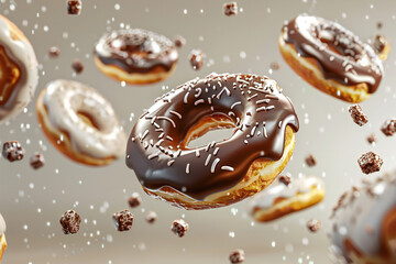 Donuts with Colorful Sprinkles and Sweet Glaze on a Wooden Background, Delicious Bakery Treats