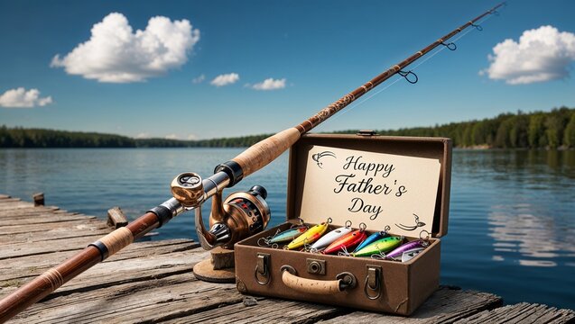 Fishing rod and tackle box with "Happy Father's Day" card by the lake, celebrating a special day for dad