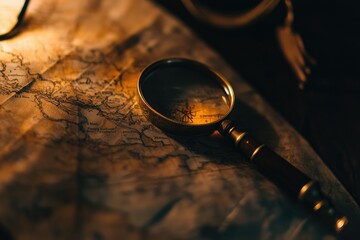 Vintage Exploration Theme with a Vintage Magnifying Glass on an Old Map