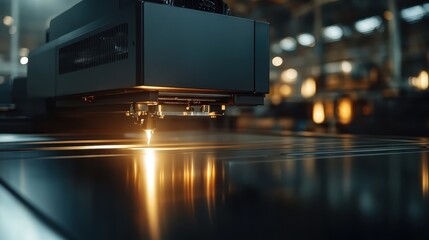 Obraz premium A high-tech laser machine precisely cuts through a metal sheet, highlighting advanced industrial capabilities in a modern manufacturing environment.