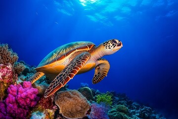 Obraz premium Sea turtle swimming over a coral reef