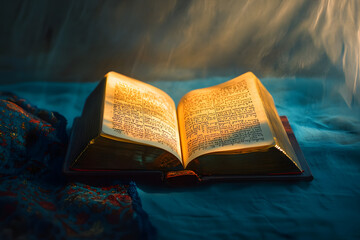 Obraz premium An open machzor prayer book emits warm light sukkot yom kippur