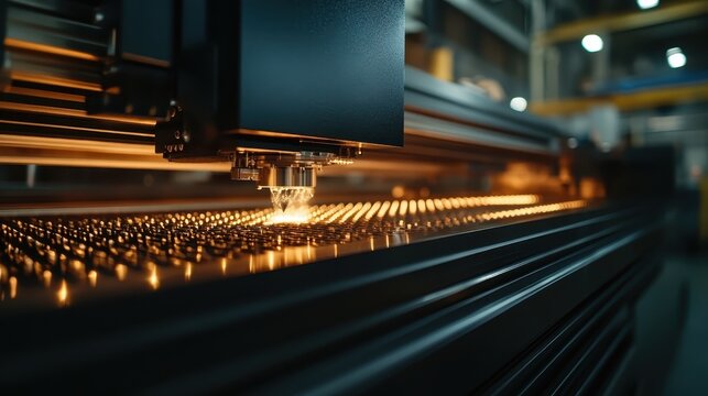 A state-of-the-art industrial machine processing metal surfaces in a factory setting, showcasing the precision and advancement of modern manufacturing techniques.
