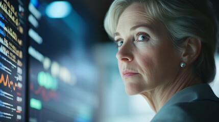 A woman is looking at a computer screen with a lot of numbers and graphs. She is focused and attentive, possibly analyzing the data on the screen