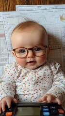 A cute baby wearing glasses smiles while looking at the camera. The baby is lying on a calculator and financial documents.