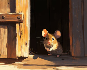 Obraz premium Tiny Curious Mouse Sneaking in Old Wooden Barn, Cute and Sneaky Wildlife Scene