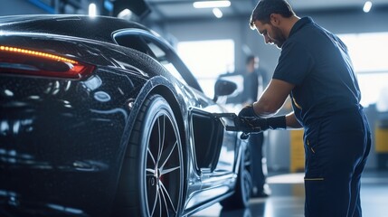 Professional Auto Mechanic Performing Maintenance on a Luxury Sports Car in Modern Garage