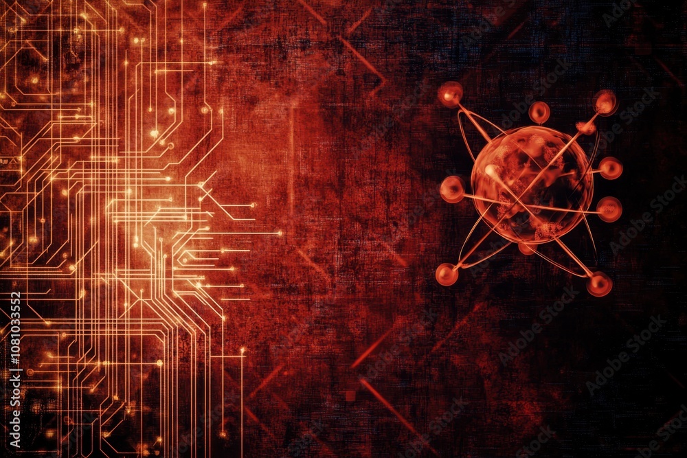 Poster digital representation of a red planet and circuit board design in a futuristic environment