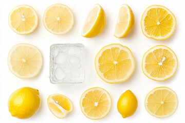 Fototapeta premium Lemon slices and whole lemons arranged with ice cubes on a white background, evoking a cool summer feel