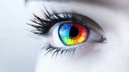 Vibrant Rainbow Eye with Long Eyelashes and Detailed Iris Close-Up