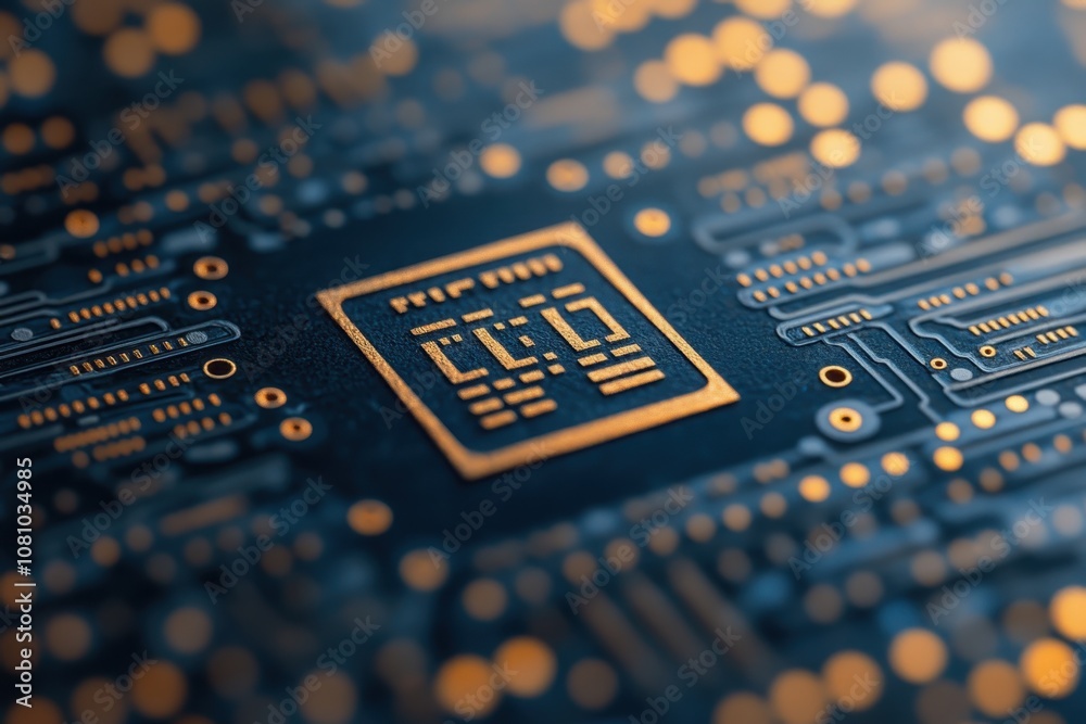 Poster close-up view of a microchip on a circuit board with intricate gold patterns and connections