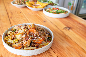 Various kinds of noodles are stir fried together with vegetables and seasoned with mala pepper giving this stir fried noodle dish spicy flavor and making it very popular tai yai dish. noodles mala