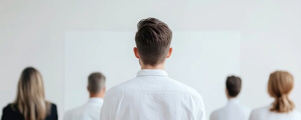 Obraz premium Back view of diverse business team standing together facing a blank wall in an office setting.