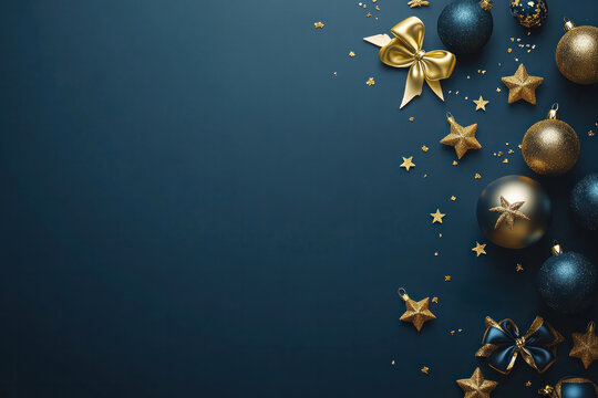 Elegant gold and blue holiday decorations with stars on a deep blue background