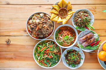 A variety of Tai Yai food is served on the table inside the restaurant and Tai Yai food is considered healthy because most of the ingredients are from beans and vegetables it is not heavily seasoned.
