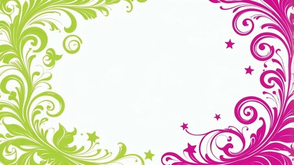 Cute magenta and lime green swirls with stars border frame on white background