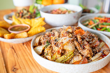 Various kinds of noodles are stir fried together with vegetables and seasoned with mala pepper giving this stir fried noodle dish spicy flavor and making it very popular tai yai dish. noodles mala