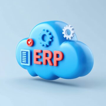 3D cloud icon with ERP text and gears. Enterprise resource planning software concept on blue background