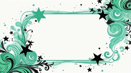 Obraz premium Cute green and black swirls with stars border frame on white background