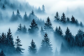 Misty Forest Landscape at Dawn: Serene Pine Trees in Ethereal Fog