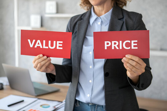 A business professional holds signs reading "VALUE" and "PRICE," illustrating the concept of comparing product value against its cost.
