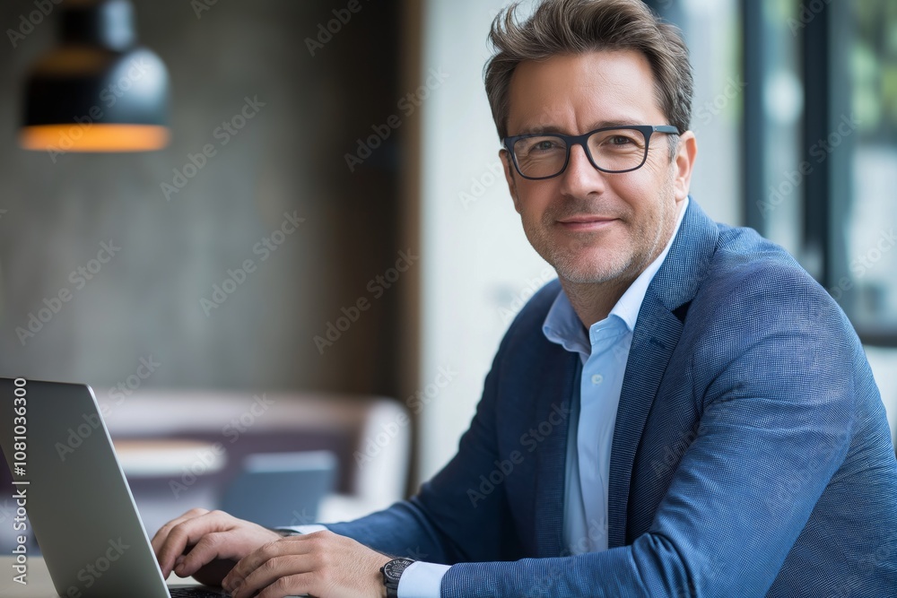 Poster a professional man is working diligently on his laptop within a modern workspace that promotes produ
