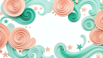 Cute peach and mint green swirls with stars border frame on white background