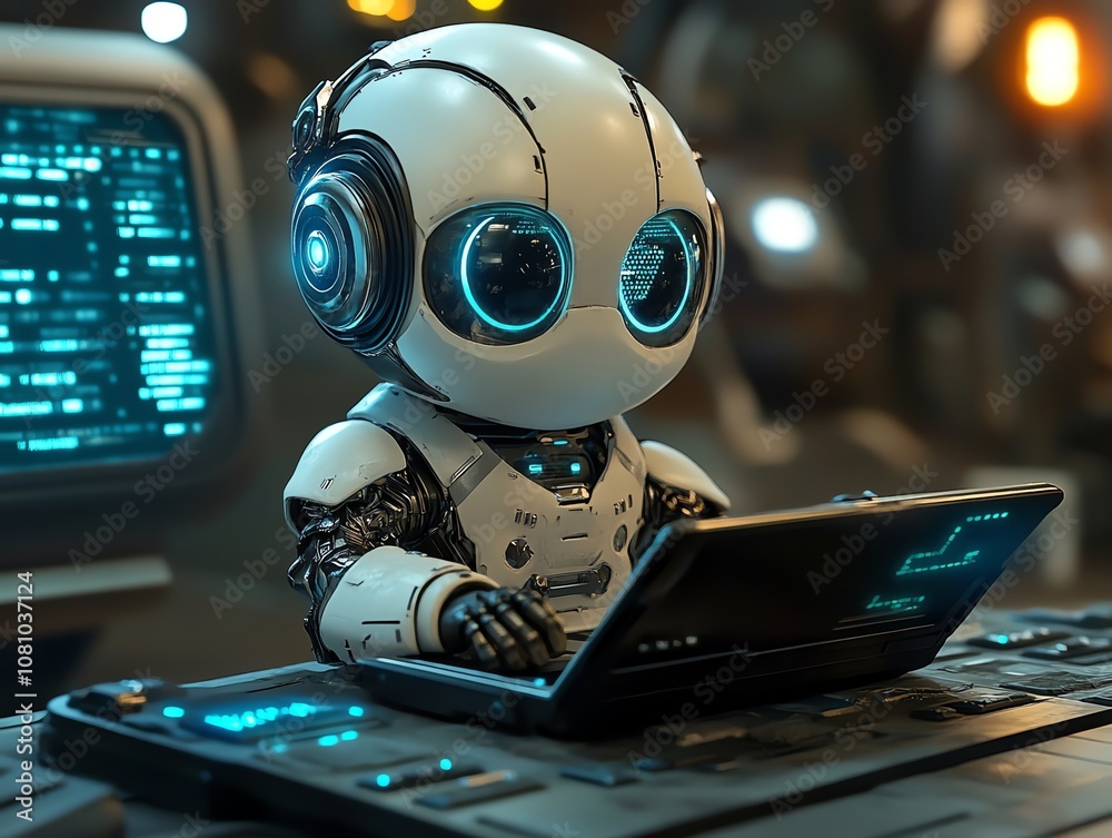 Poster a cute robot with big blue eyes is working on a laptop in a futuristic setting.