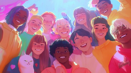 diverse group of people of different ethnicities smiling at the camera, showing unity and inclusivity