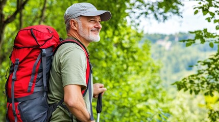 Senior Man Hiking with Red Backpack in Lush Green Forest, Embracing Adventure and Outdoor Lifestyle