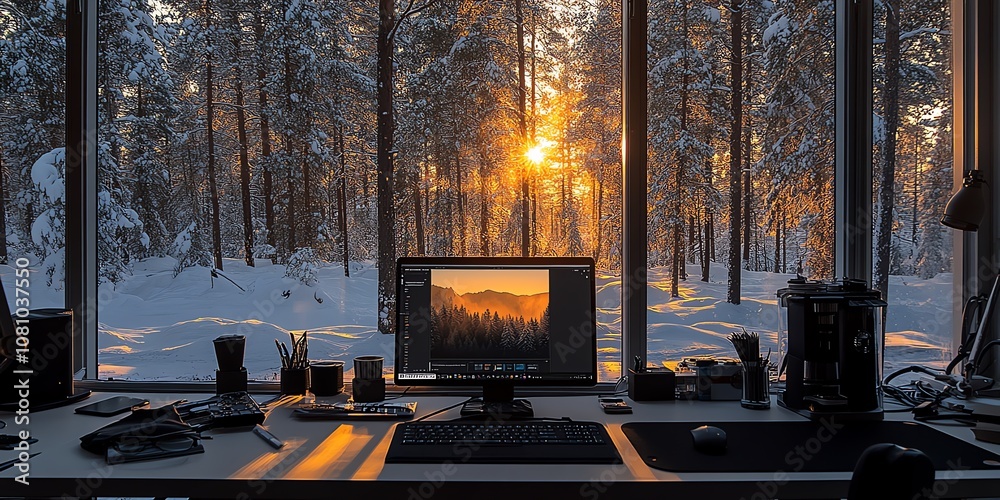 Poster A desk with a computer and a window overlooking a snow-covered forest with a sunset through the trees.