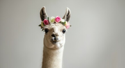 Fototapeta premium Charming llama with floral headband on neutral background
