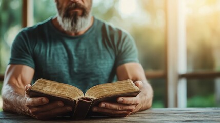 A bearded man in a blue shirt reads an old book by a table, enveloped in warm sunlight, creating an atmosphere of knowledge and nostalgia.