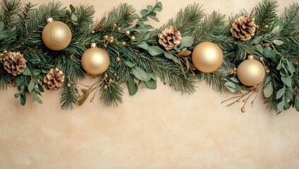 Stylish Christmas background with a garland, pine branches, and golden ornaments on a beige background Copy space for text Christmas concept Generative AI