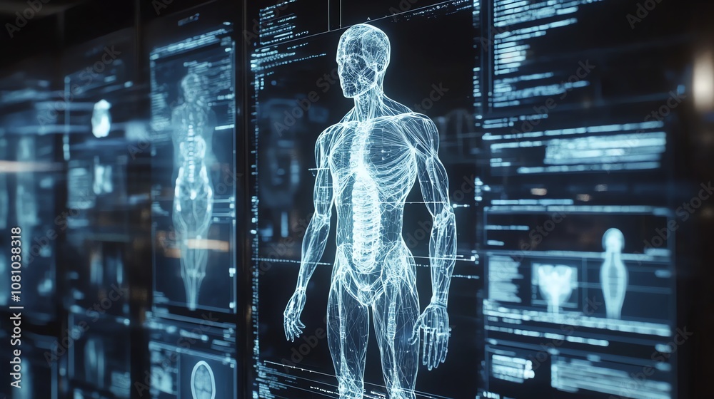 Poster A digital rendering of a human body displayed on a large screen, surrounded by other similar images.