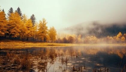 Fototapeta premium Misty Autumn Lake (AI generated)