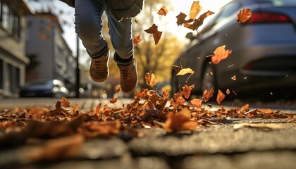 Child Jumping into Autumn Leaves (AI generated)