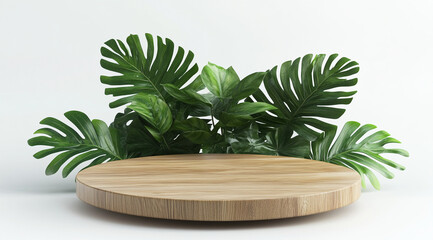 Fototapeta premium A wooden platform sits in front of a backdrop of lush green leaves, creating a simple and natural scene