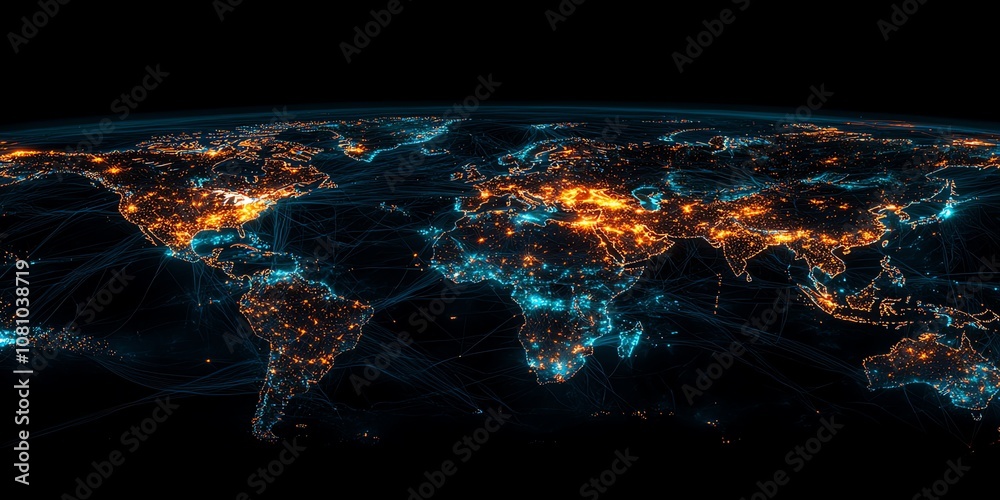 Aufkleber A digital rendering of the Earth at night with illuminated cities and glowing lines connecting them.