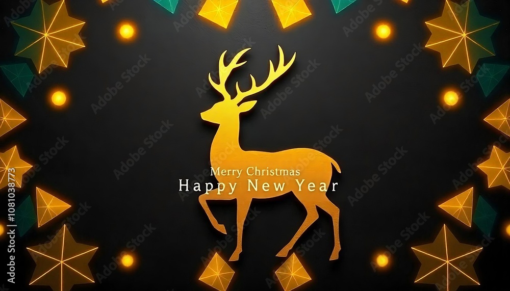 Fototapete a low-poly golden deer silhouette against a dark background with glowing geometric patterns, created