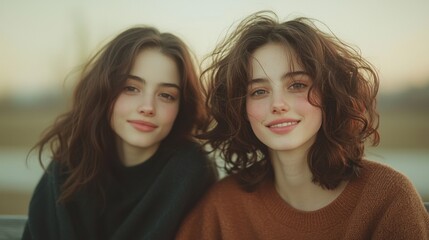 Fototapeta premium Two women with long hair are smiling and sitting on a bench